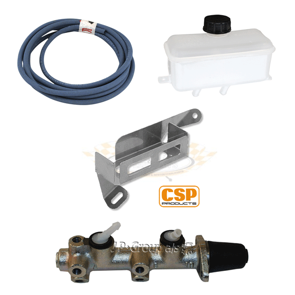 Dual master cylinder conversion routing hose from reservoir to master